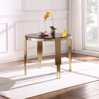 Vynxaria 38.6" Round Glass Dining Table, Black Tempered Glass Tabletop & Polished Gold Legs, Modern Style for Home, Kitchen, Dining Room