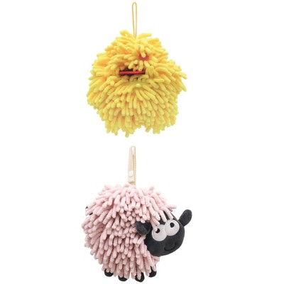 REGALWOVEN 2 Packs Cute Sheep Shape Absorbent Fast Drying Chenille Hand Towels with Hanging Loop 7" x 7"