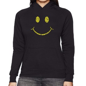 LA Pop Art Women's Word Art Hooded Sweatshirt - Be Happy Smiley Face - 1 of 4