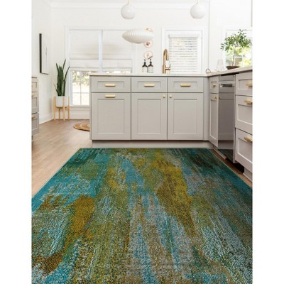 Turquoise and Yellow Abstract Synthetic Indoor Area Rug