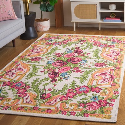 Classic Ivory and Rose Cotton Synthetic Floral Area Rug, 4' x 6'