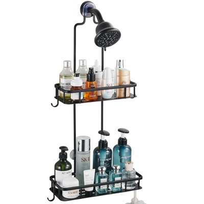 Cobbe Anti-Swing Shower Caddy Hanging with 4 Hooks for Towels/Sponge, No Drilling Bathroom Organizers and Storage Racks for Bathroom, Aluminum, Black