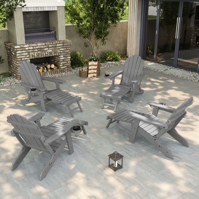 Sonkuki 4-Piece Folding Adirondack Chair with Retractable Ottoman, Fire Pit Patio Chair with Cup Holder Lawn Outdoor Lounge Chair