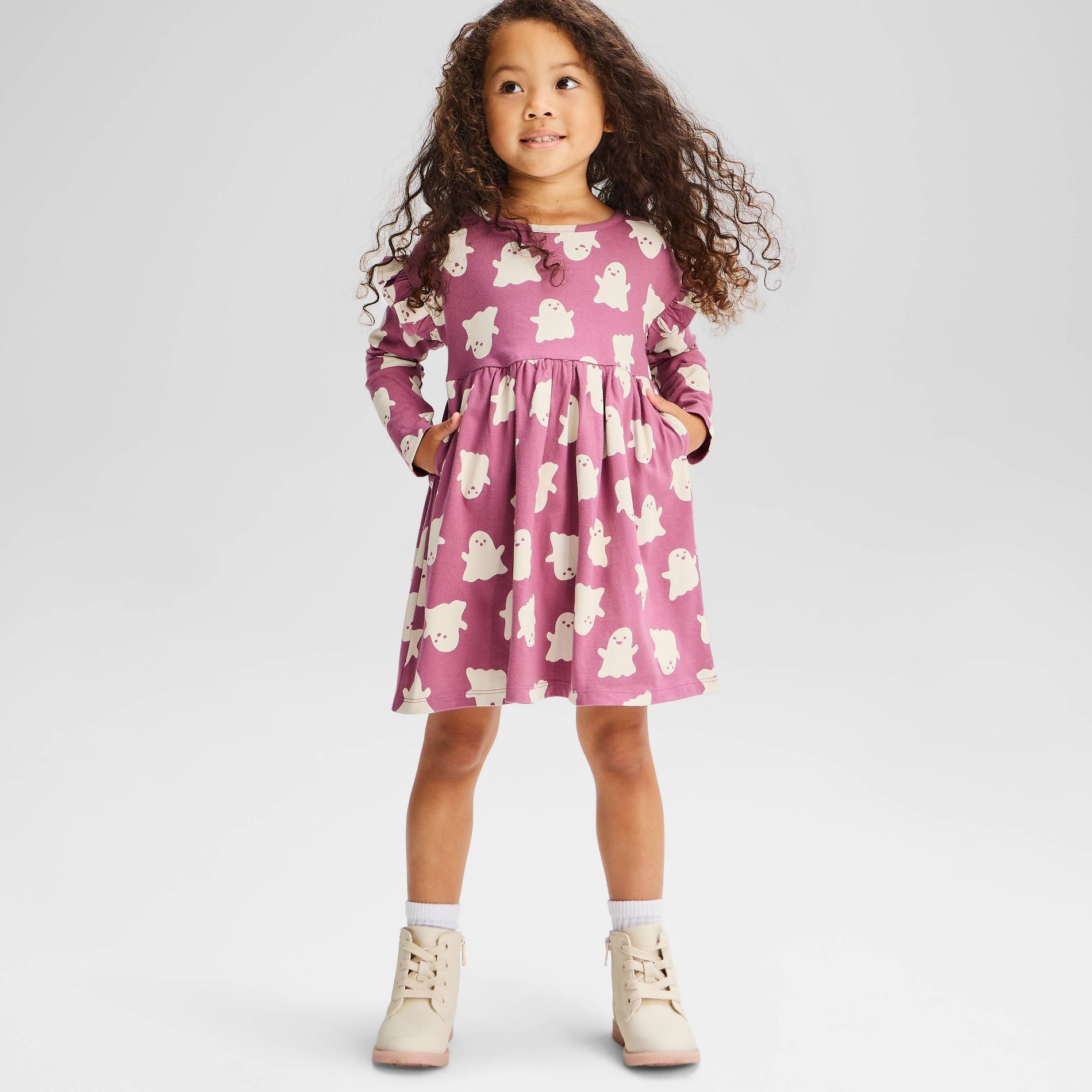 Toddler Girls' Halloween Ghosts Long Sleeve Dress - Cat & Jack™ Mauve 4T