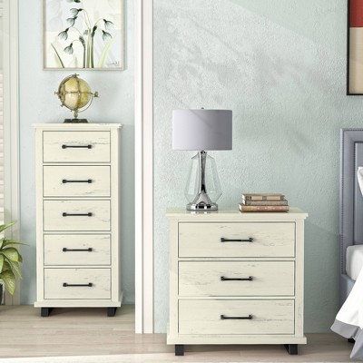 Saw Cut Off-White MDF 5-Drawer Chest and 3-Drawer Nightstand Set