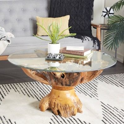 Rustic Teak Coffee Table Brown - Olivia & May: Unique Teak Base, Clear ...