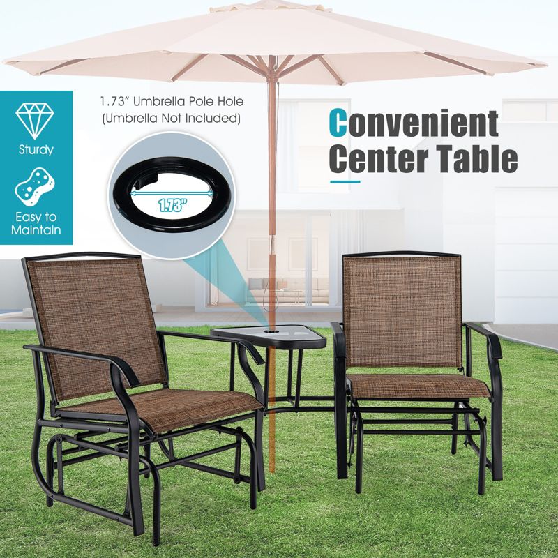 Tangkula Patio Double Rocking Chair Outdoor 2-Seat Swing Glider Chair W/ Center Table & Umbrella Hole Black/Brown/Turquoise, 5 of 11
