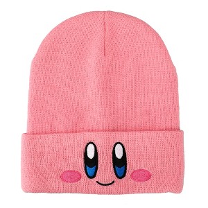 Kirby Smiling Face Pink Cuffed Plain Skull Acrylic  Knitted Embroidered Logo Beanie Hat - 1 of 3