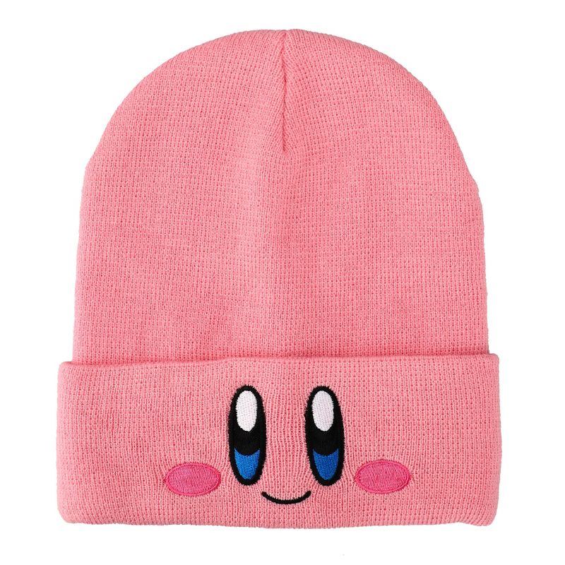 Kirby Smiling Face Pink Cuffed Plain Skull Acrylic  Knitted Embroidered Logo Beanie Hat, 1 of 4