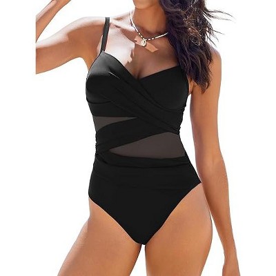 AI'MAGE Women's One Piece Swimsuit 2025 V Neck Ruched Mesh Bathing Suit Tummy Control Slimming Swimwear S-XXL