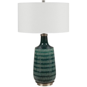 Uttermost Modern Table Lamp 30 1/2" Tall Deep Teal Glaze Ceramic White Fabric Drum Shade for Living Room Bedroom House Bedside - 1 of 1