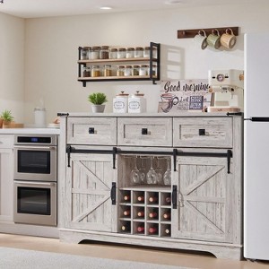 OKD 54" Wine Bar Cabinet w/Sliding Barn Door, Kitchen Coffee Bar Cabinet w/Wine & Glass Rack, 3 Drawers, Large Buffet Sideboard - 1 of 4