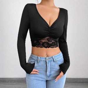 Coolmee Womens Lace Hem Sexy Crop Tops Long Sleeve Deep V Neck
