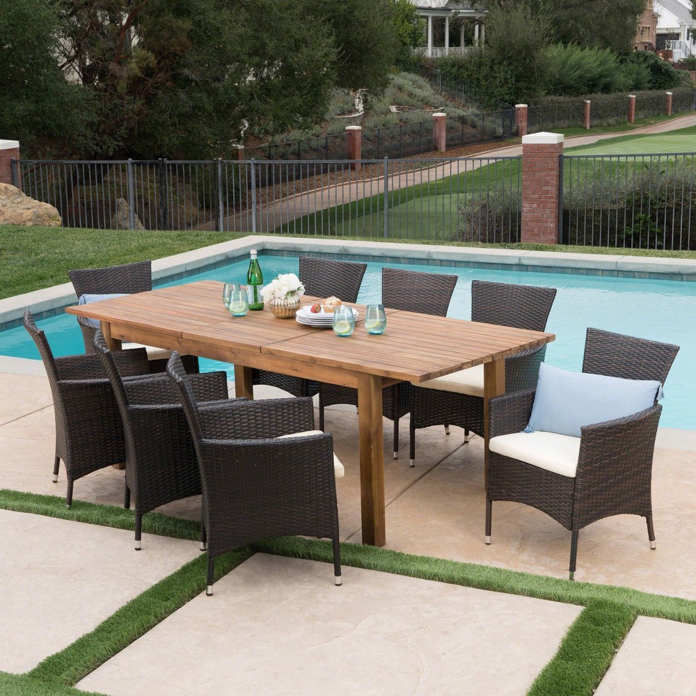 Photos - Garden Furniture Oslo 9pc Acacia Wood & Wicker Patio Dining Set: Seats 8, Includes Cushions