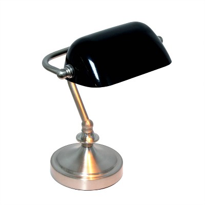 Petite Brushed Nickel Bankers Table Lamp with Black Glass Shade