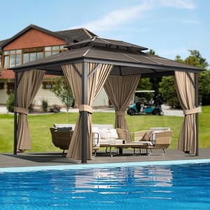 13x10 FT Hardtop Gazebo, Double Roof Canopy, Aluminum Frame, Outdoor Patio Gazebo Canopy, Mesh and Curtains, for Backyards, Patios, Lawns, Khaki - 1 of 4
