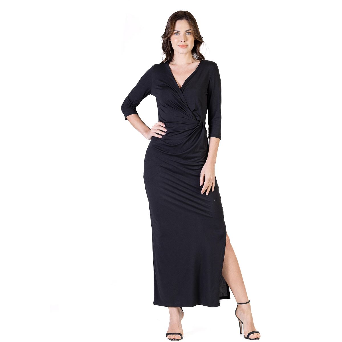 Petite V-Neck Three Quarter Sleeve Faux Wrap Side Slit Maxi Dress - 24seven Comfort Apparel™