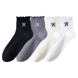 Anna-Kaci Women's 4-Pair Pack Sheer Ribbed Ankle Socks with Ruffled Trim and Embroidered Bow Detail in Multiple Color Combinations - 1 of 4