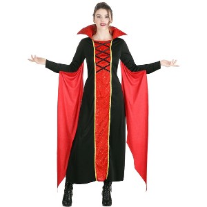 HalloweenCostumes.com Queen Vampire Costume for Women, Black and Red Immortal Outfit, Adult Celestial Gold Detailed Dress - 1 of 4