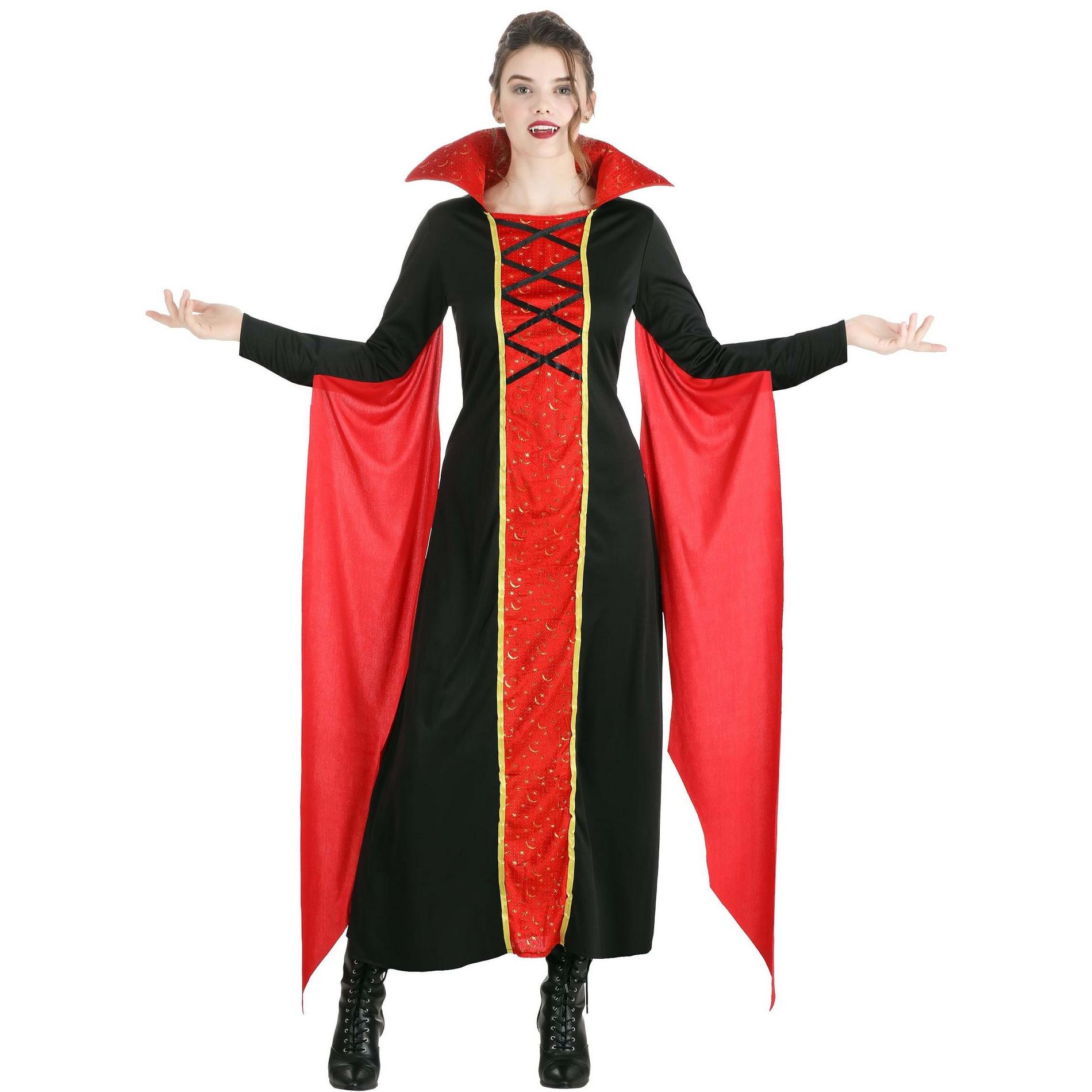 HalloweenCostumes.com Queen Vampire Costume for Women, Black and Red Immortal Outfit, Adult Celestial Gold Detailed Dress
