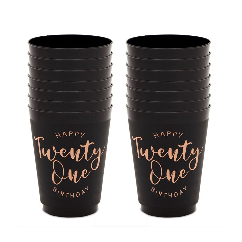Sparkle and Bash 16 Pack Twenty One Plastic Tumblers Cups 16 oz for 21st Birthday Party Supplies, Black & Gold, 4 of 7