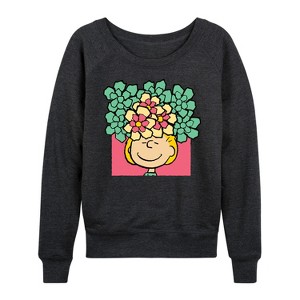 Women's - Peanuts - Sally Flowers Lightweight French Terry Wide Neck Long Sleeve Shirt - 1 of 4