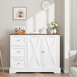 White Buffet Cabinet with Storage, Farmhouse Wooden Kitchen Sideboard with 2 Doors and 3 Drawers - 1 of 4