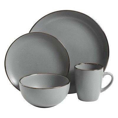 Gray and Gold Rim Ceramic Dinnerware Set, Service for 4