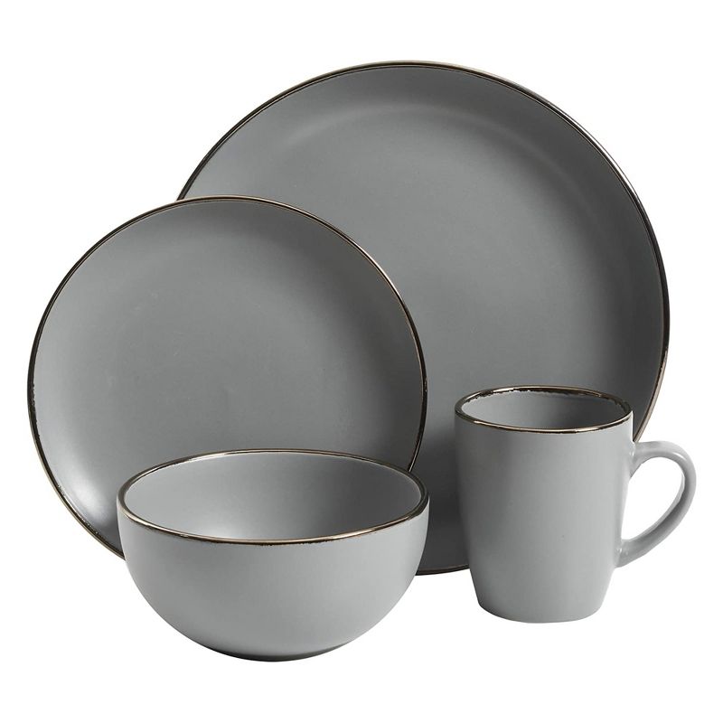 Gibson Home Rockaway Round Stoneware Coupe Edged Dinnerware Set, Service for 4 with Dinner Plates, Dessert Plate, Bowls, & Mugs, Grey w/ Metallic Rim, 3 of 7