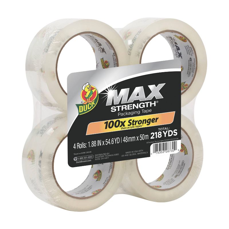 Duck 1.88&#34;x162ft 4pk Strength Packing Tape Clear, 1 of 9