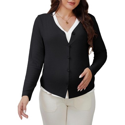 INSPIRE CHIC Women's Maternity Button Down Shirts Pregnancy Clothes Long Sleeve V Neck Faux 2-Pcs Nursing Tops