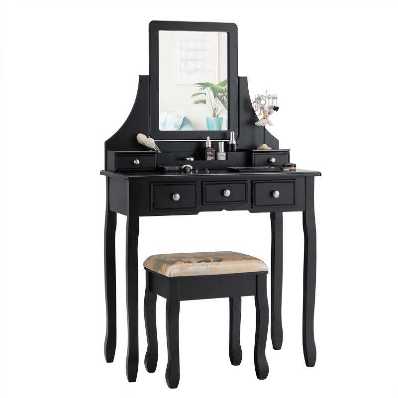 Tangkula Rotatable Mirror Vanity Set Makeup Dressing Table and Stool w/ 5 Drawers, 3 of 9
