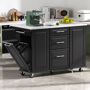 Kumasinova 51" Kitchen Island with Trash Can Storage,Kitchen Cart with Drop Leaf&2 Drawers,Rolling Kitchen Island on Wheels for Kitchen,Black - 1 of 4