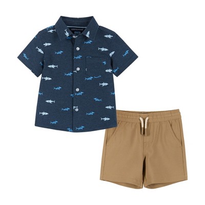Image of Andy & Evan Infant  Sharks Short Sleeve Buttondown and Shorts Set Blue, Size 6-9 Months.