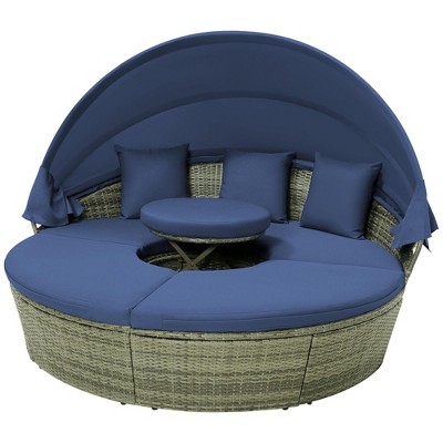 Tangkula Outdoor Round Daybed w/ Retractable Canopy & Side Table Backyard Poolside Lawn