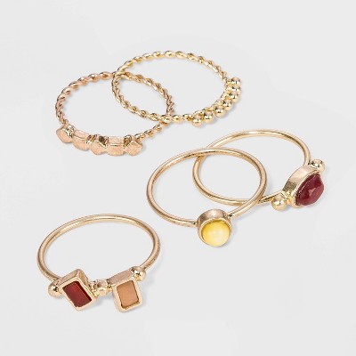 Semi-Precious Sunstone, Carnelian and Brown Lip Shell Multi Ring Set - Universal Thread™