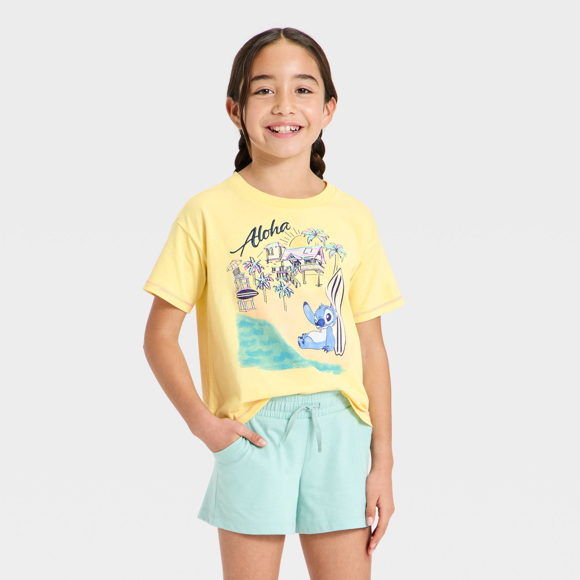Girls' Disney Lilo and Stitch Aloha Boxy Short Sleeve Graphic T-Shirt - Yellow M