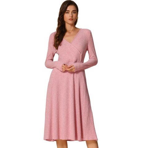 Женские платья INSPIRE CHIC Women's V-neck long Sleeve A-line wrap Ribbed Knit Dress Pink Large