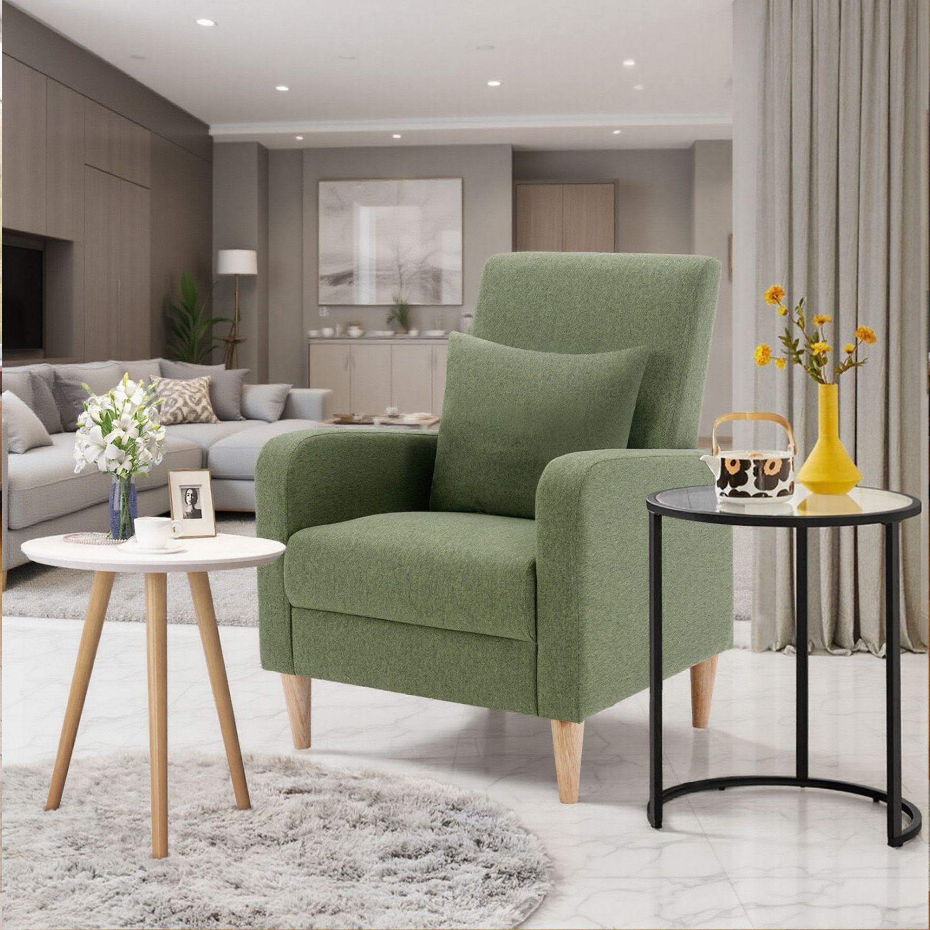 Ora Maison Modern Fabric Armchair with Cushion, Upholstered Side Chair for Living Room, Solo Sofa Chair with Wood Support,Green