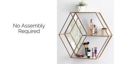 Lintz Hexagon Black Metal Floating Wall Mirror with Shelves