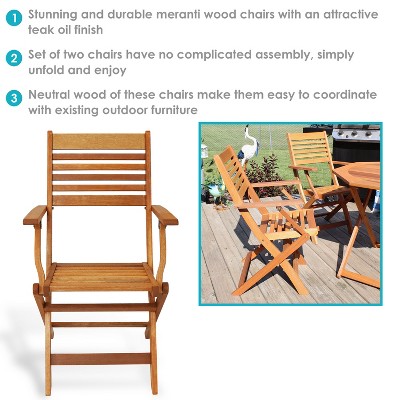 Classic Teak Oil Finish Meranti Wood Folding Patio Chairs - Set of 2