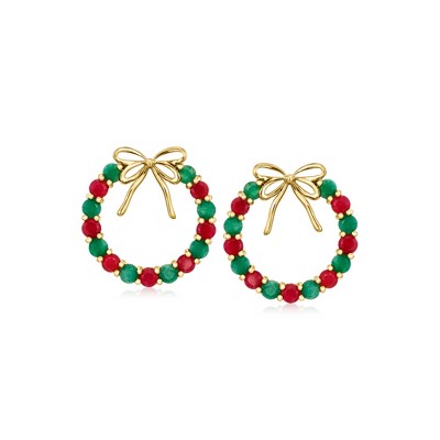 Ross-Simons 2.50 ct. t.w. Ruby and 2.00 ct. t.w. Emerald Ribbon Wreath Drop Earrings in 18kt Gold Over Sterling