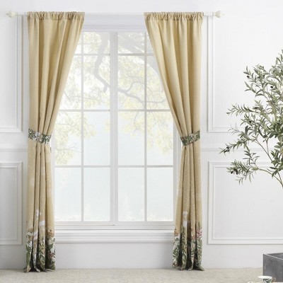 Taupe Floral Polyester Rod Pocket Light-Filtering Curtain Panels