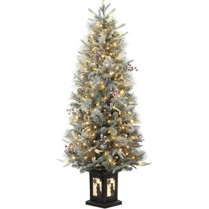 4.5ft Pre-Lit Snow Flocked Christmas Tree with 200 LED Lights, Artificial Potted Xmas Tree with 8 Lighting Modes, Faux Berries,Snowman Base - 1 of 4