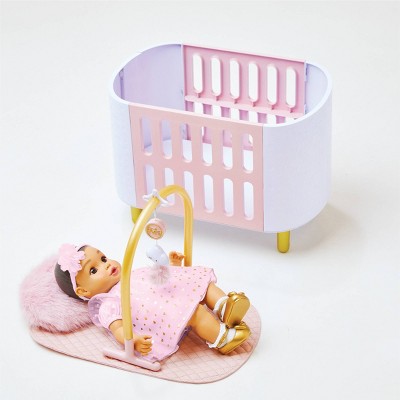 Pink and White Faux Fur Baby Doll Crib with Play Mat