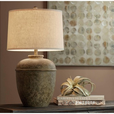 Southwest Rustic Faux Stone Table Lamp with Cream Linen Shade
