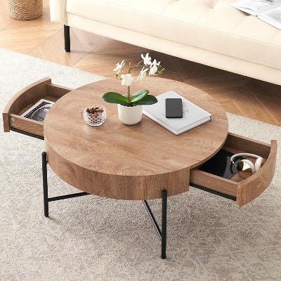 Homhougo Round Coffee Table with Drawers Farmhouse Coffee Table with Storage Wood Accent Center Table Natural Coffee Table for Living Room