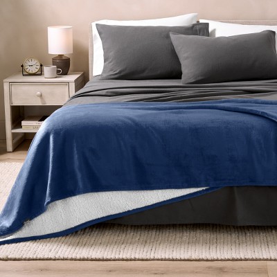 King Dark Blue Reversible Sherpa Fleece Blanket