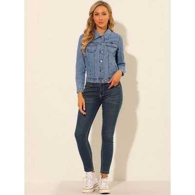 Женские куртки Allegra K Women's Removable Hood Button Up Layered Drawstring Denim Jackets Blue Small — фото 3