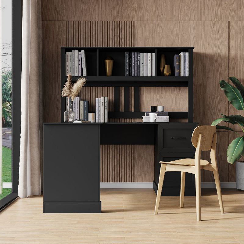 L Shape-Home Office Computer Desk with Hutch, Antiqued Black finish, Writting Desk Workstation with Storage Shelf for Home/Office/-Maison Boucle, 2 of 10